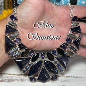 Blue Sunstone Necklace Handmade Gemstone Crystal 925 Silver Bohemian Ethnic New!